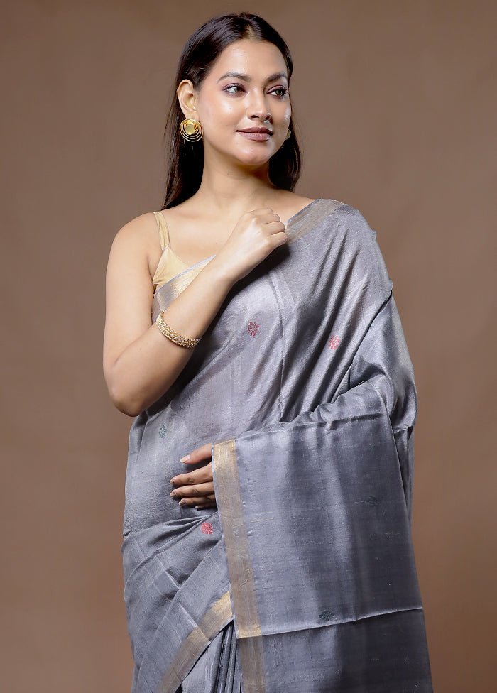 Grey Tussar Pure Silk Saree With Blouse Piece - Indian Silk House Agencies