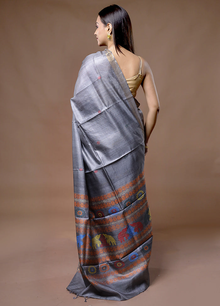 Grey Tussar Pure Silk Saree With Blouse Piece - Indian Silk House Agencies