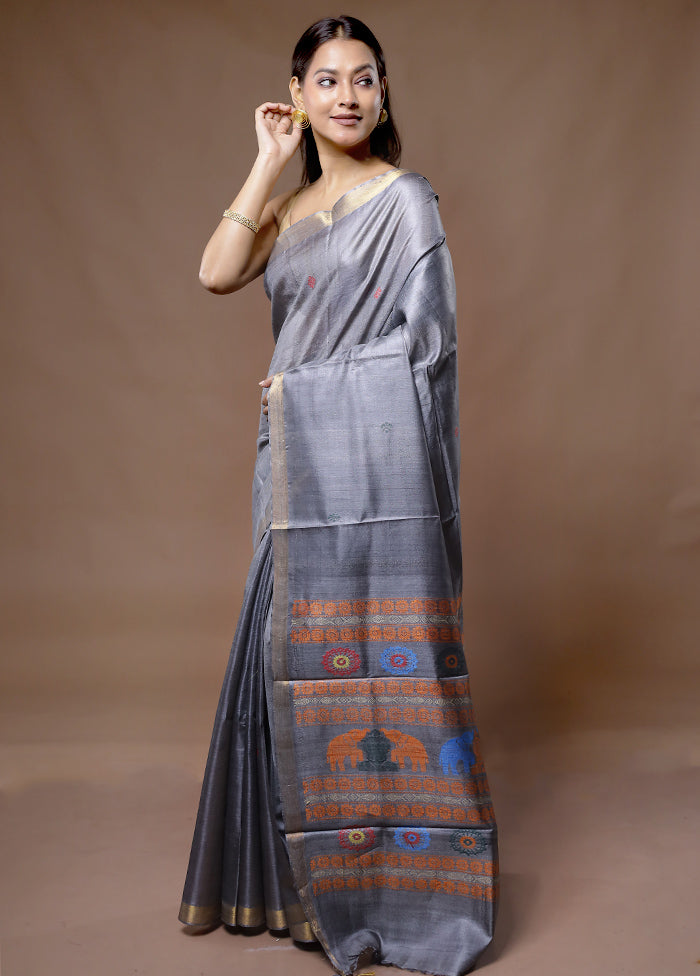 Grey Tussar Pure Silk Saree With Blouse Piece - Indian Silk House Agencies