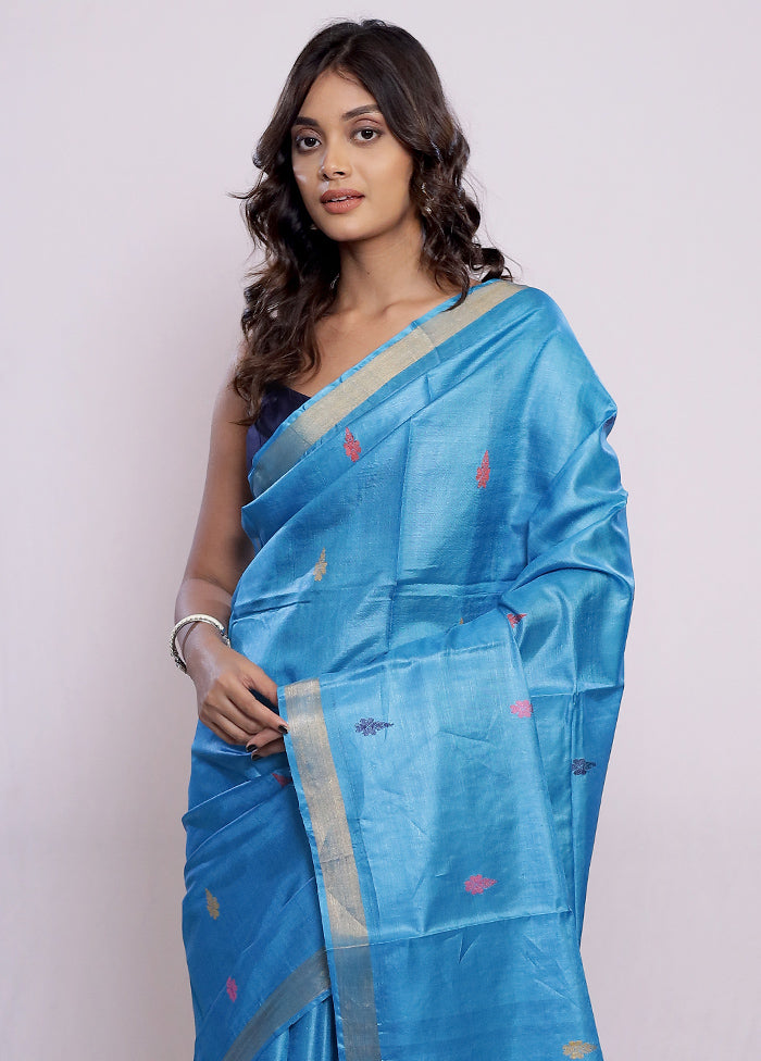 Blue Tussar Pure Silk Saree With Blouse Piece - Indian Silk House Agencies