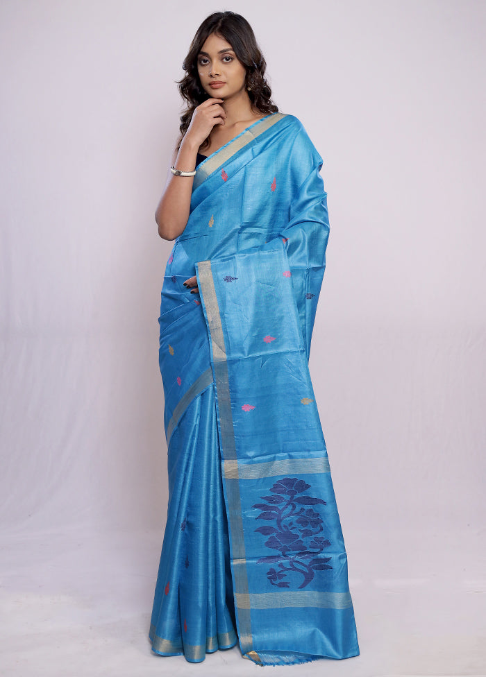 Blue Tussar Pure Silk Saree With Blouse Piece - Indian Silk House Agencies