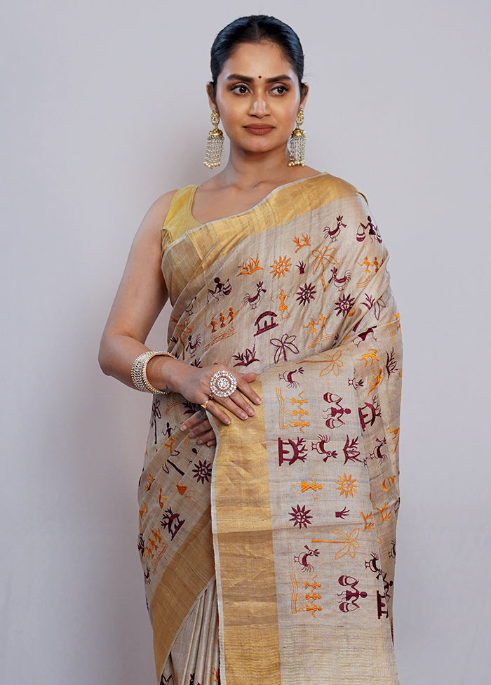 Cream Tussar Pure Silk Saree With Blouse Piece - Indian Silk House Agencies