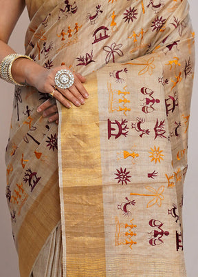 Cream Tussar Pure Silk Saree With Blouse Piece - Indian Silk House Agencies