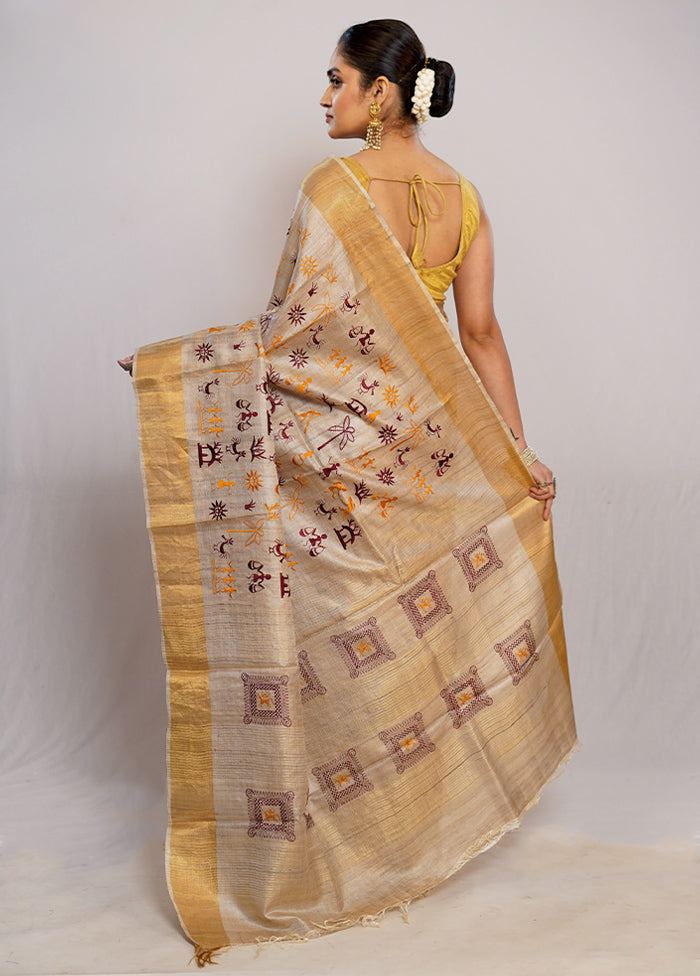 Cream Tussar Pure Silk Saree With Blouse Piece - Indian Silk House Agencies