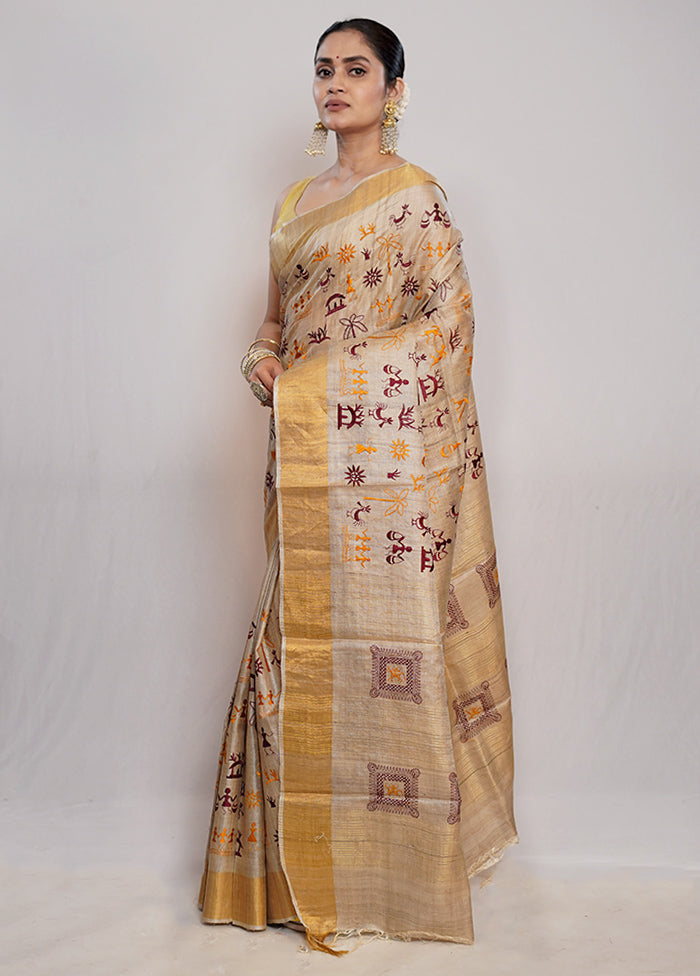 Cream Tussar Pure Silk Saree With Blouse Piece - Indian Silk House Agencies