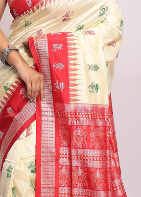 Cream Bomkai Pure Silk Saree With Blouse Piece - Indian Silk House Agencies