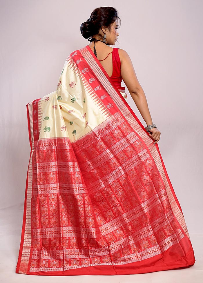 Cream Bomkai Pure Silk Saree With Blouse Piece - Indian Silk House Agencies