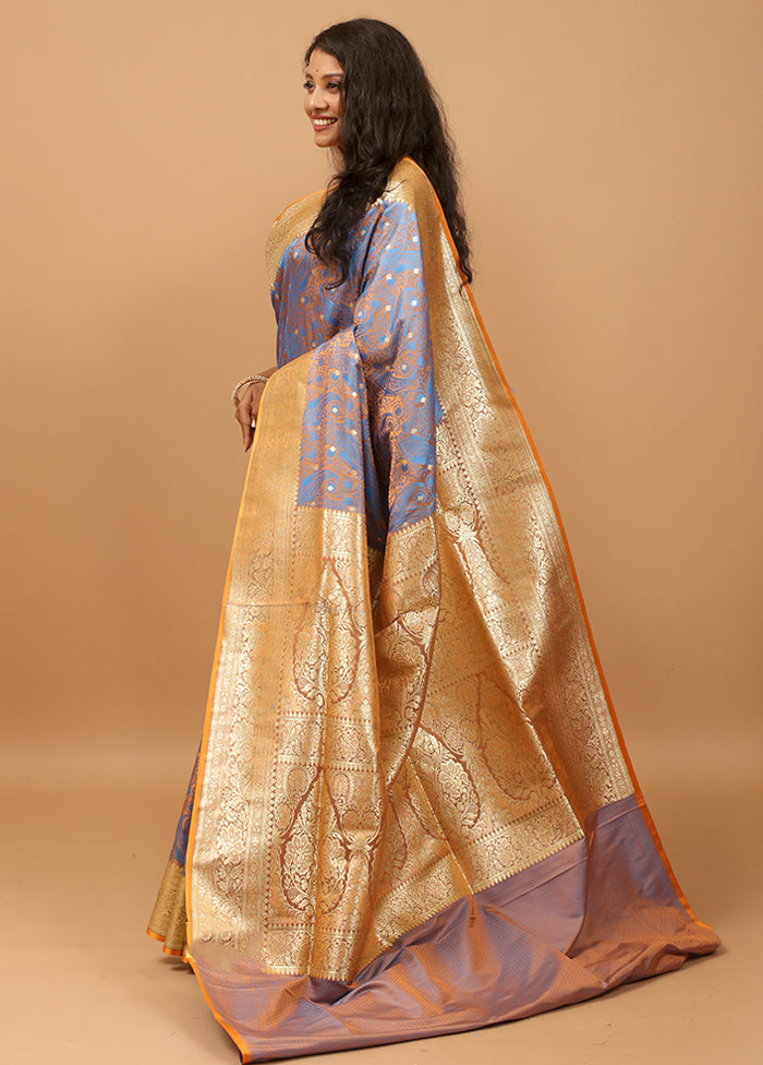 Blue Tanchoi Silk Saree With Blouse Piece