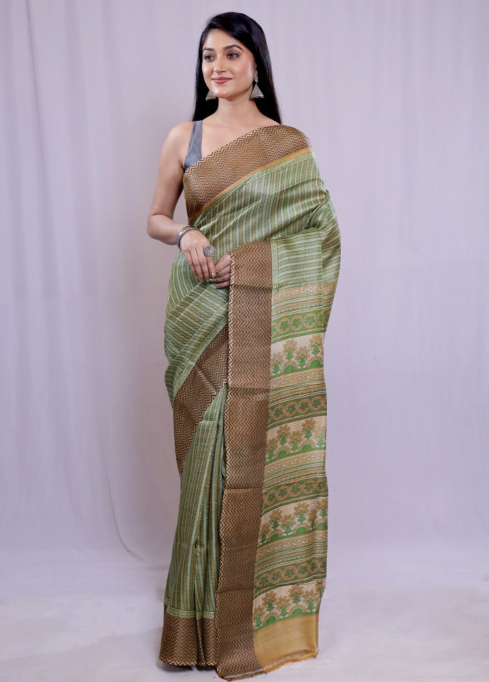 Green Tussar Silk Saree With Blouse Piece - Indian Silk House Agencies