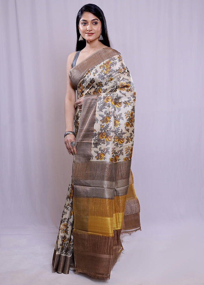 Cream Tussar Silk Saree With Blouse Piece - Indian Silk House Agencies