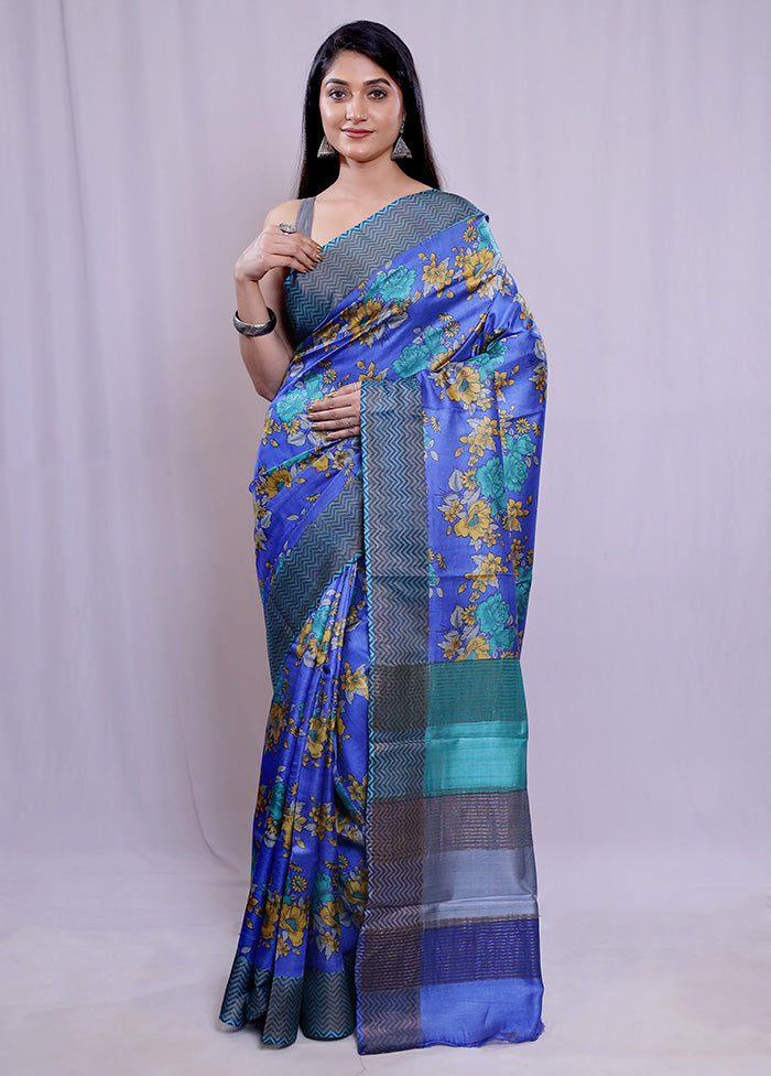 Blue Tussar Silk Saree With Blouse Piece - Indian Silk House Agencies