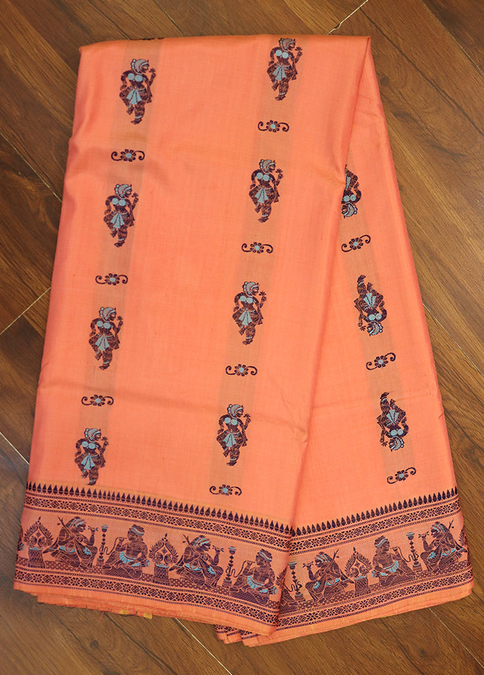 Peach Handloom Baluchari Pure Silk Saree With Blouse Piece