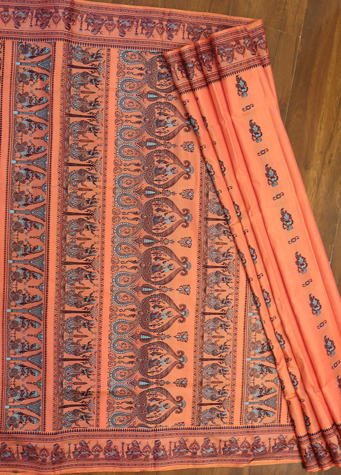 Peach Handloom Baluchari Pure Silk Saree With Blouse Piece