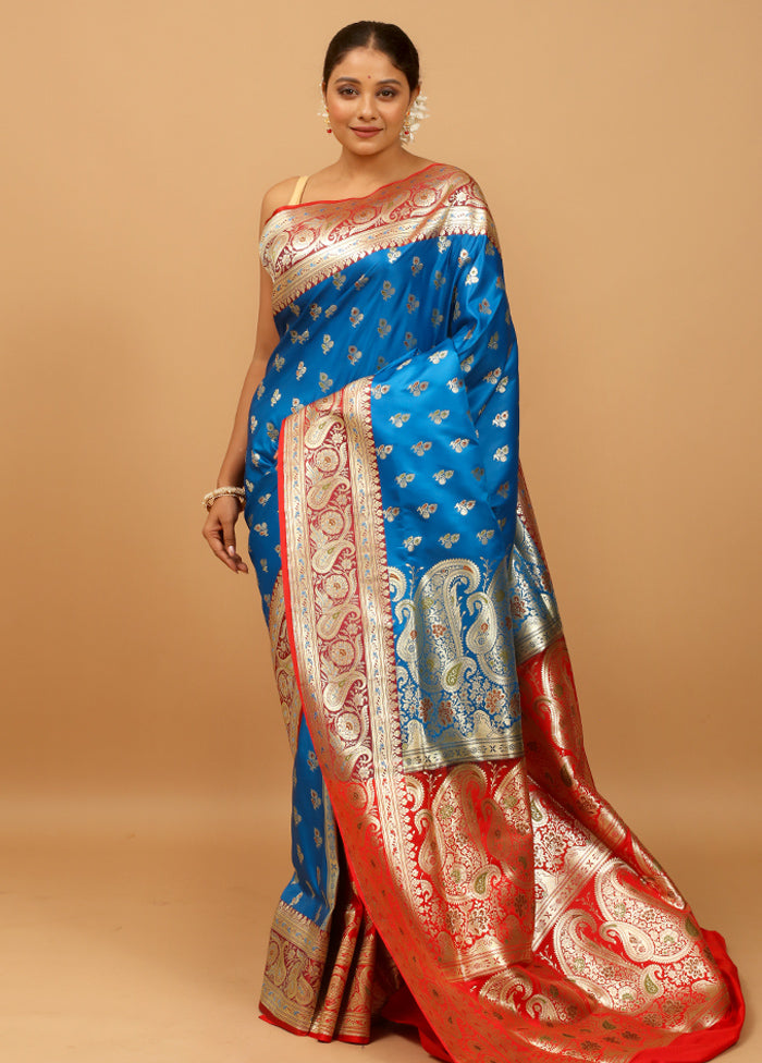 Blue Banarasi Silk Saree With Blouse Piece