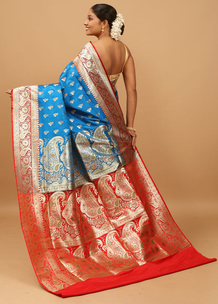 Blue Banarasi Silk Saree With Blouse Piece