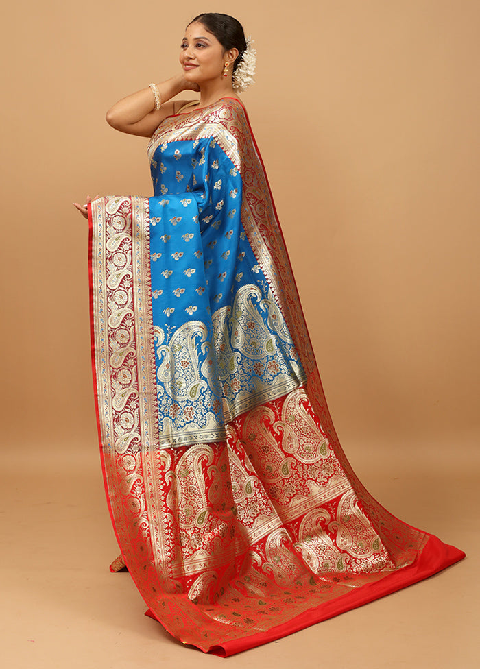 Blue Banarasi Silk Saree With Blouse Piece