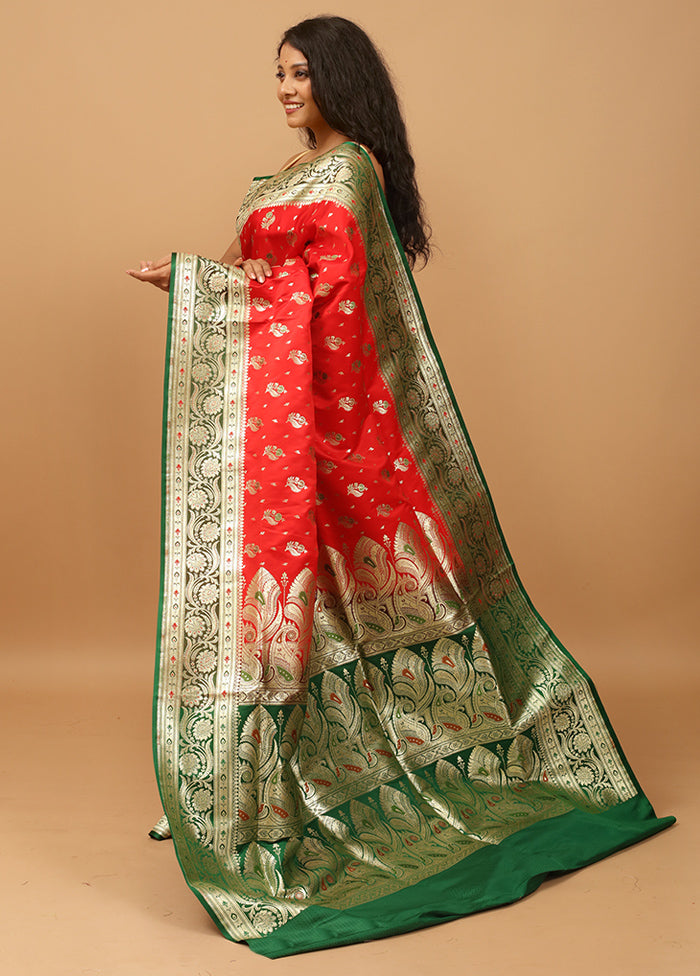 Red Banarasi Silk Saree With Blouse Piece