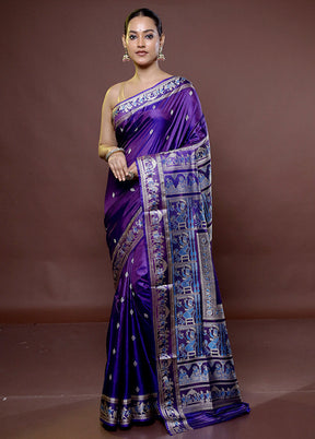 Purple Handloom Baluchari Pure Silk Saree With Blouse Piece