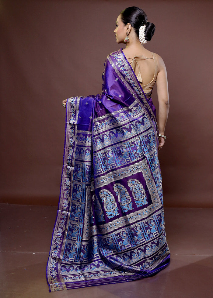 Purple Handloom Baluchari Pure Silk Saree With Blouse Piece