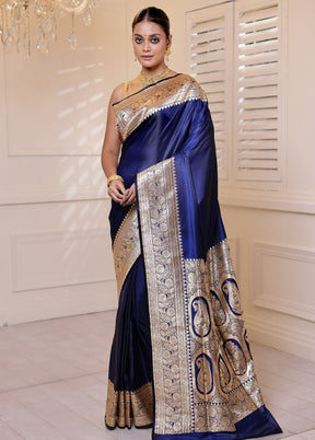 Blue Banarasi Silk Saree With Blouse Piece