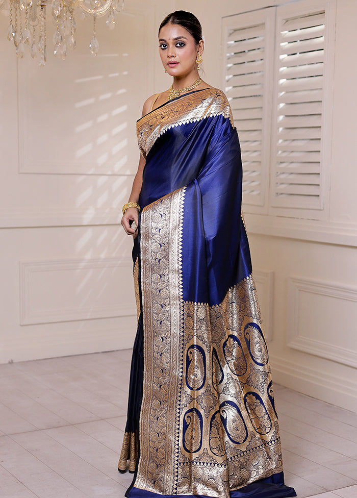 Blue Banarasi Silk Saree With Blouse Piece