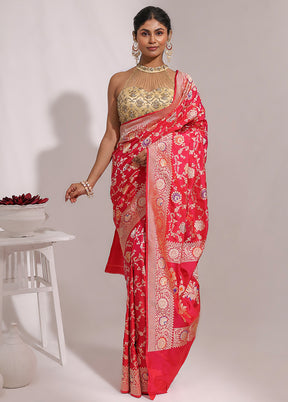 Red Handloom Katan Pure Silk Saree With Blouse Piece