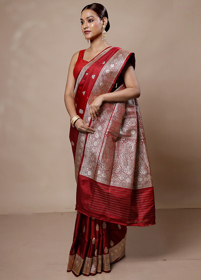 Maroon Handloom Banarasi Pure Silk Saree With Blouse Piece