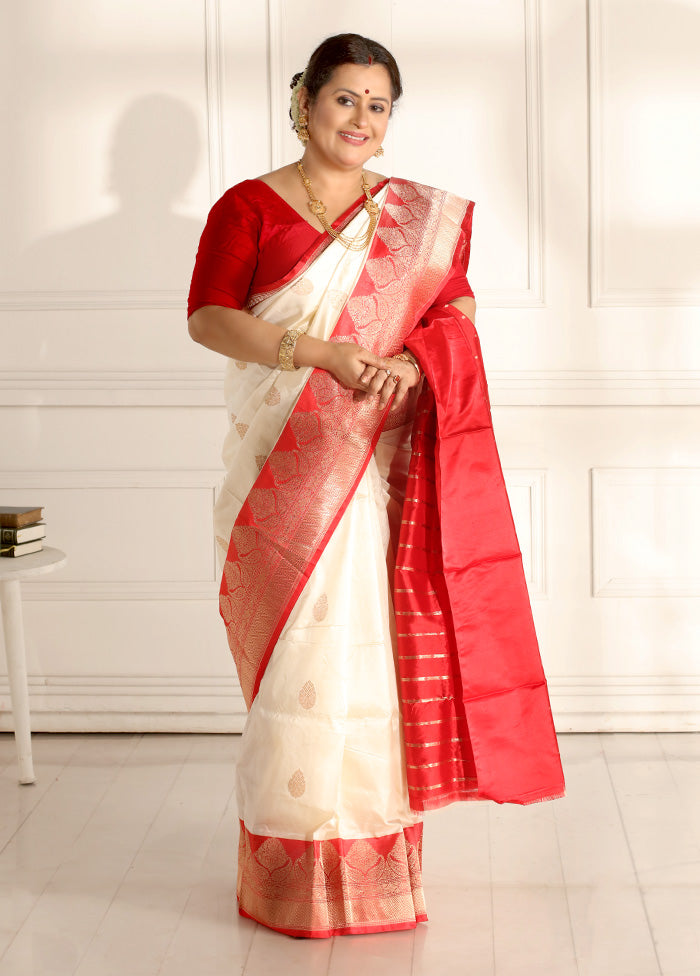 White Katan Pure Silk Saree With Blouse Piece - Indian Silk House Agencies