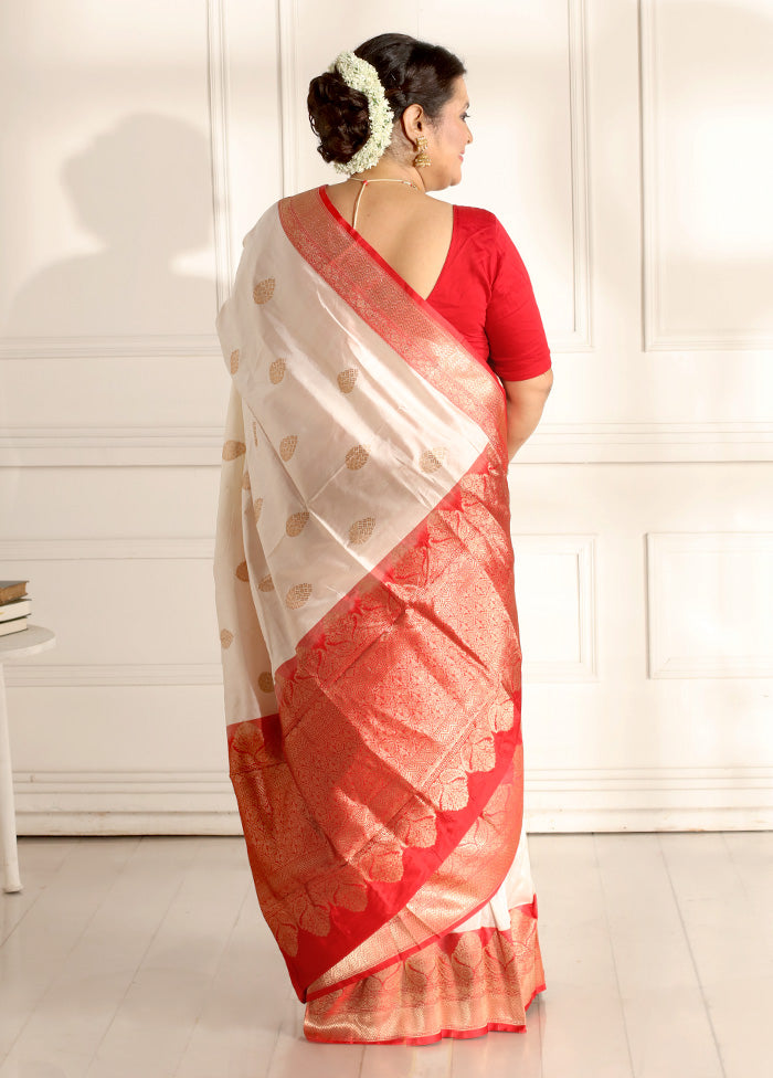 White Katan Pure Silk Saree With Blouse Piece - Indian Silk House Agencies