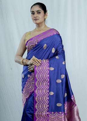 Blue Katan Pure Silk Saree With Blouse Piece - Indian Silk House Agencies