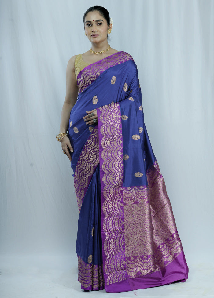 Blue Katan Pure Silk Saree With Blouse Piece - Indian Silk House Agencies