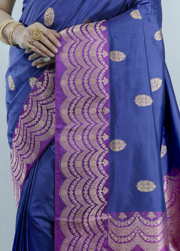 Blue Katan Pure Silk Saree With Blouse Piece - Indian Silk House Agencies