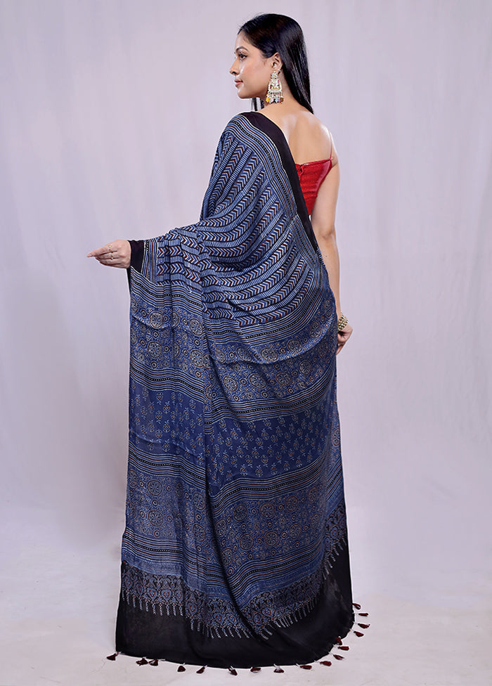 Blue Printed Pure Silk Saree With Blouse Piece - Indian Silk House Agencies