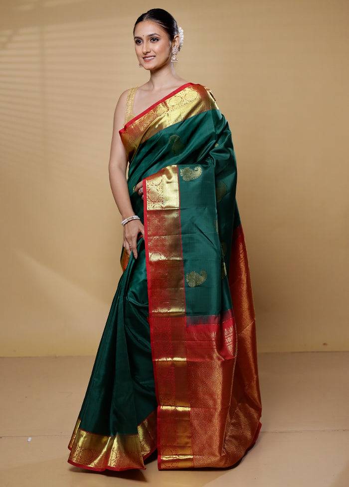 Green Handloom Kanchipuram Pure Silk Saree With Blouse Piece