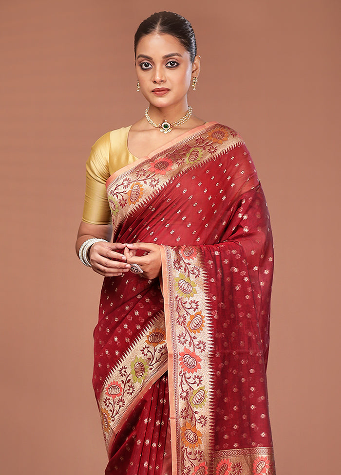 Maroon Pure Cotton Saree With Blouse Piece