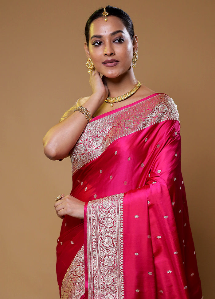 Pink Handloom Banarasi Pure Silk Saree With Blouse Piece