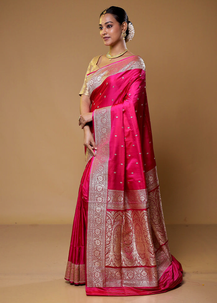 Pink Handloom Banarasi Pure Silk Saree With Blouse Piece