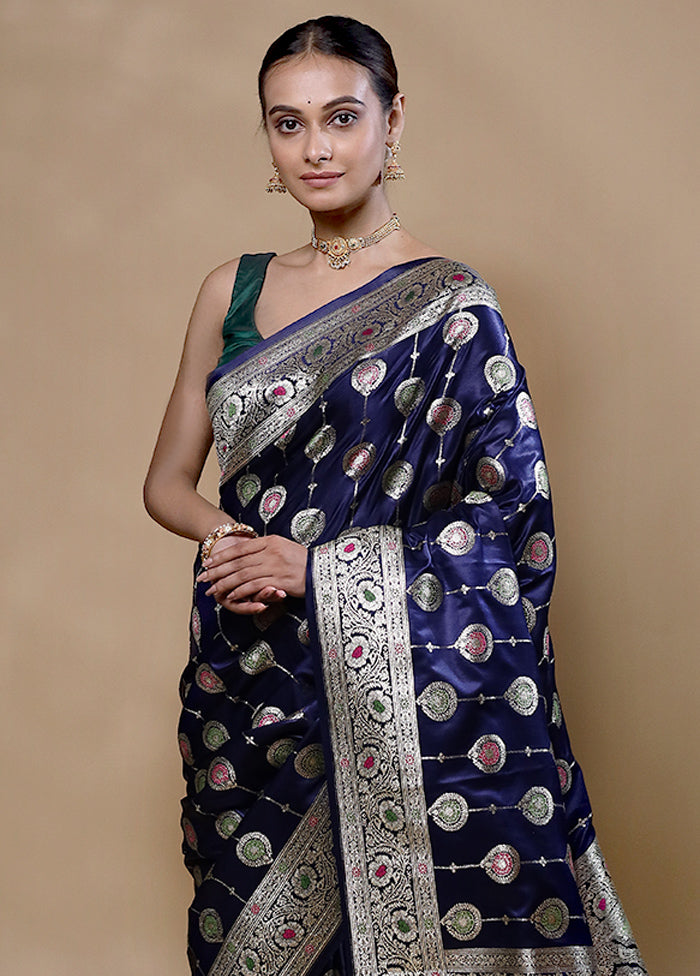 Blue Banarasi Silk Saree With Blouse Piece