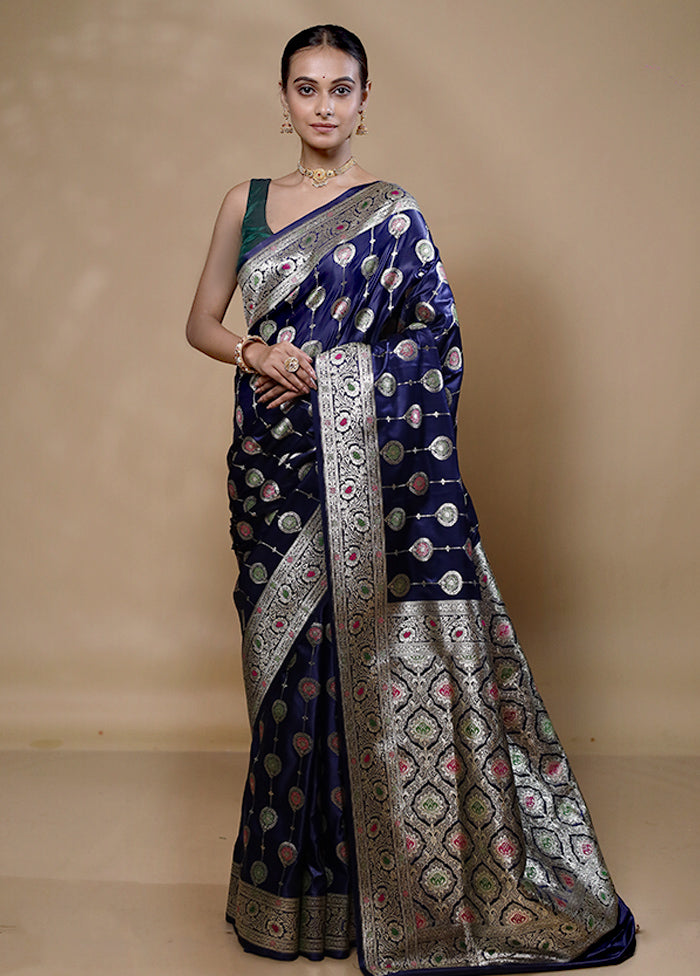 Blue Banarasi Silk Saree With Blouse Piece