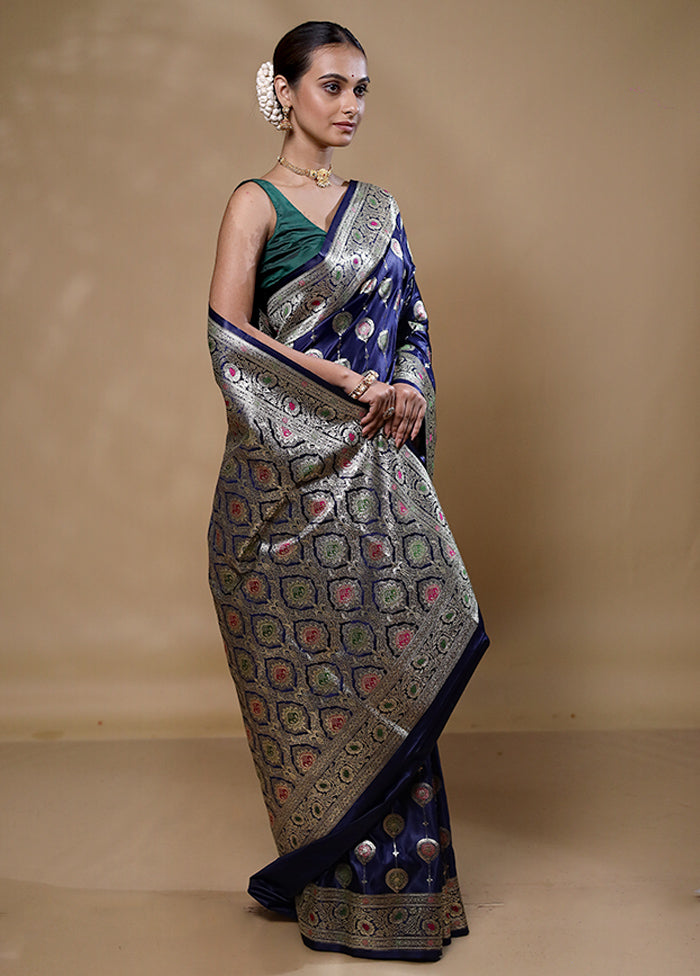 Blue Banarasi Silk Saree With Blouse Piece