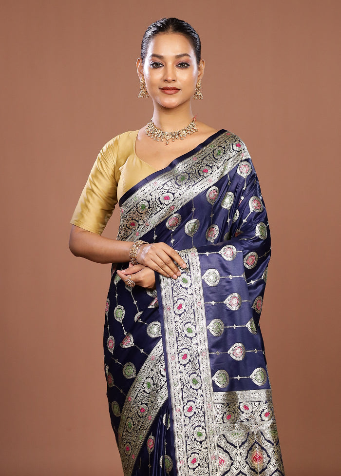 Blue Banarasi Silk Saree With Blouse Piece