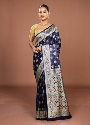 Blue Banarasi Silk Saree With Blouse Piece