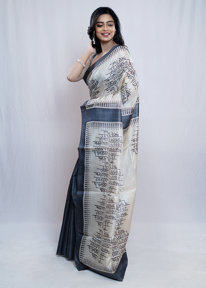 Cream Tussar Pure Silk Saree With Blouse Piece - Indian Silk House Agencies