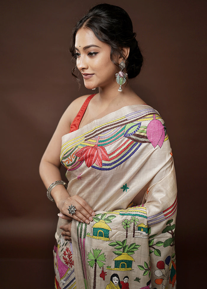 Cream Kantha Stitch Pure Silk Saree With Blouse Piece - Indian Silk House Agencies