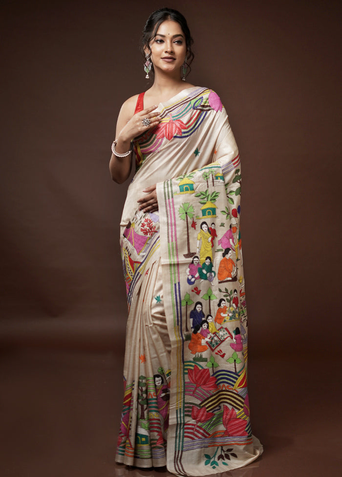 Cream Kantha Stitch Pure Silk Saree With Blouse Piece - Indian Silk House Agencies