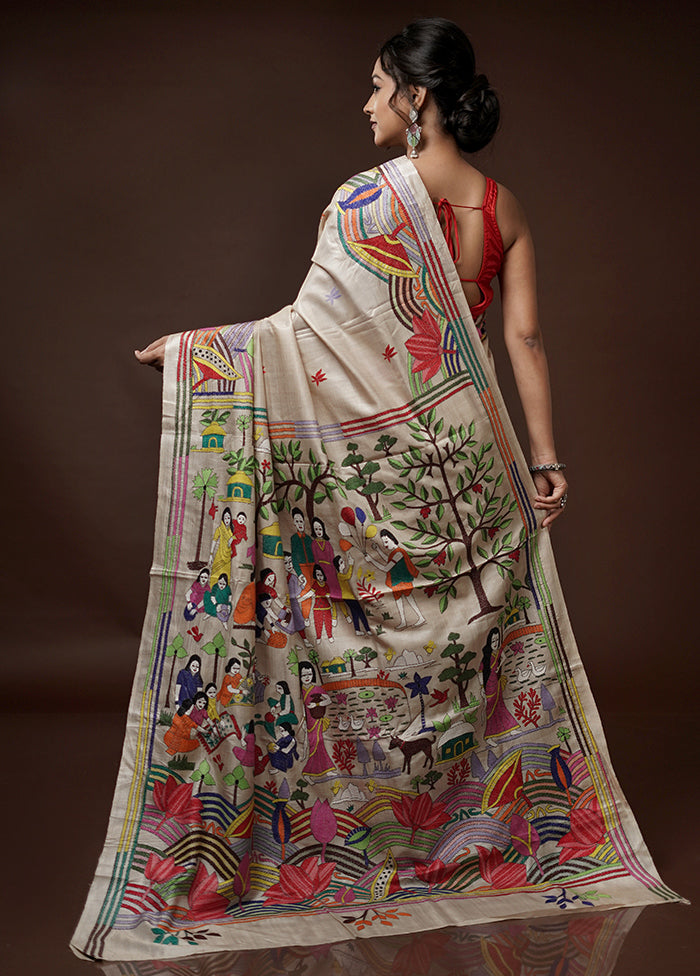 Cream Kantha Stitch Pure Silk Saree With Blouse Piece - Indian Silk House Agencies