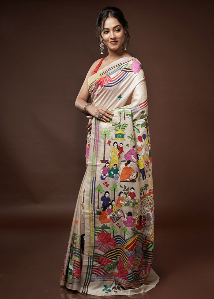 Cream Kantha Stitch Pure Silk Saree With Blouse Piece - Indian Silk House Agencies