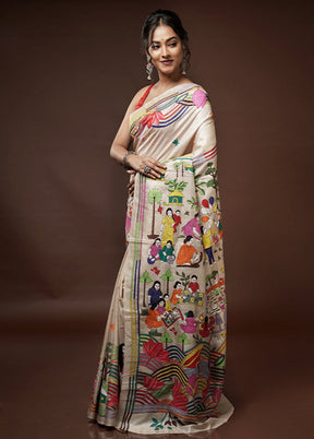 Cream Kantha Stitch Pure Silk Saree With Blouse Piece - Indian Silk House Agencies