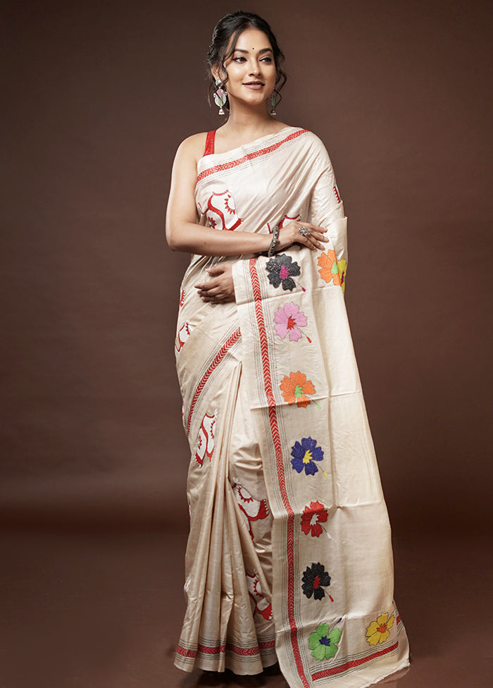 Cream Kantha Stitch Pure Silk Saree With Blouse Piece - Indian Silk House Agencies