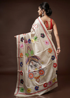 Cream Kantha Stitch Pure Silk Saree With Blouse Piece - Indian Silk House Agencies